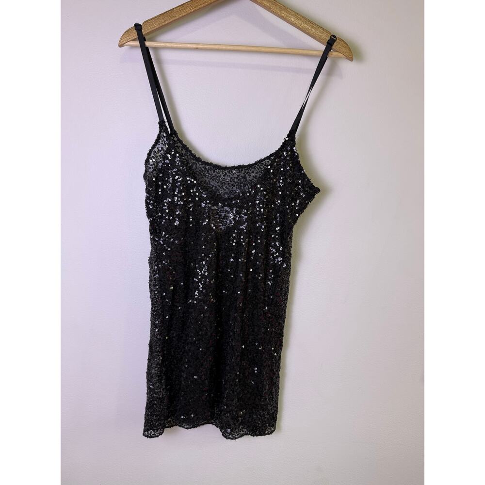 Free People Intimately Black Sequin Mini Slip Dress Y2K Sheer Lace Trim Small - Picture 5 of 6